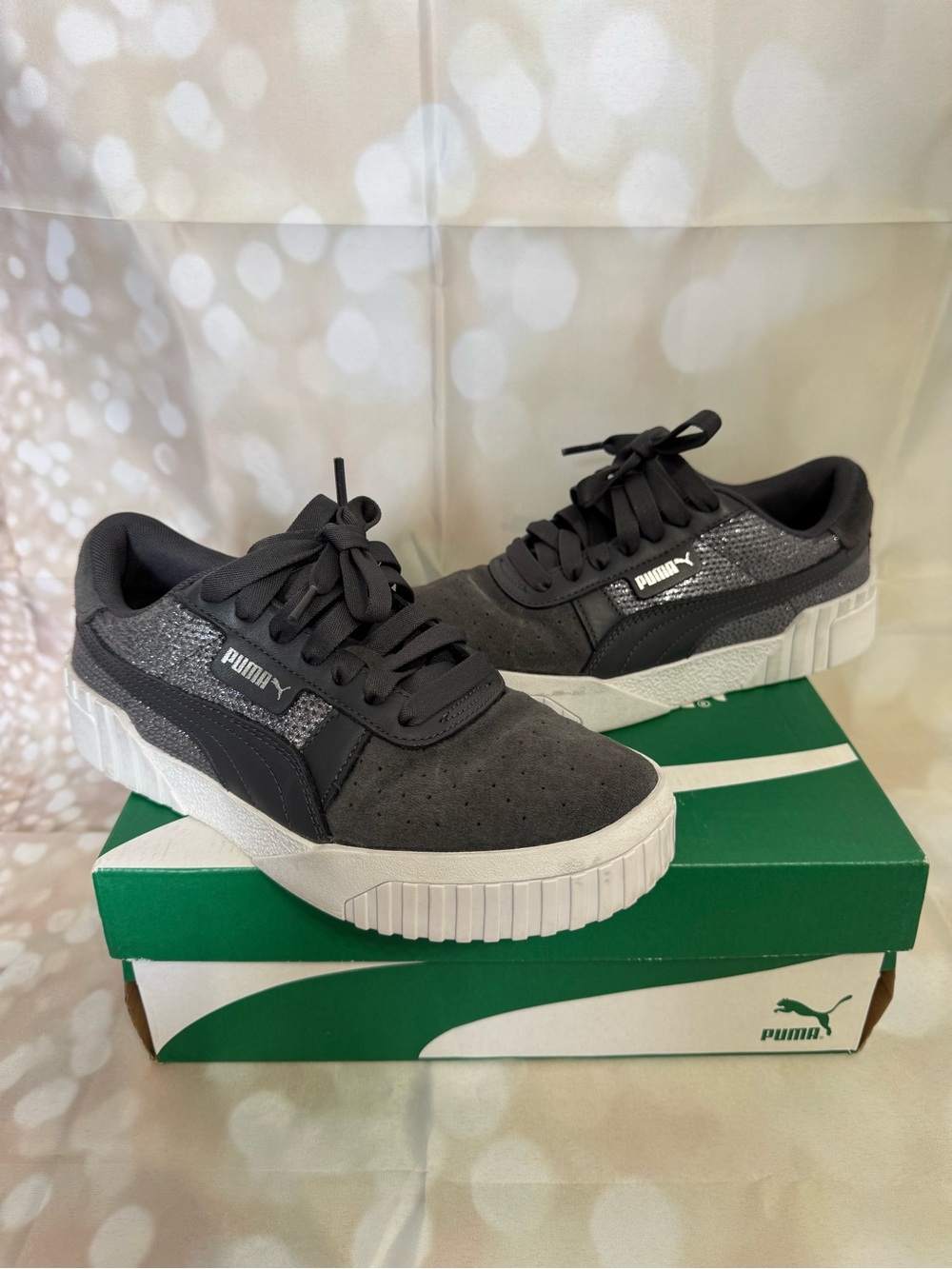 Puma Charcoal Gray Suede Platform Sneakers with White Soles